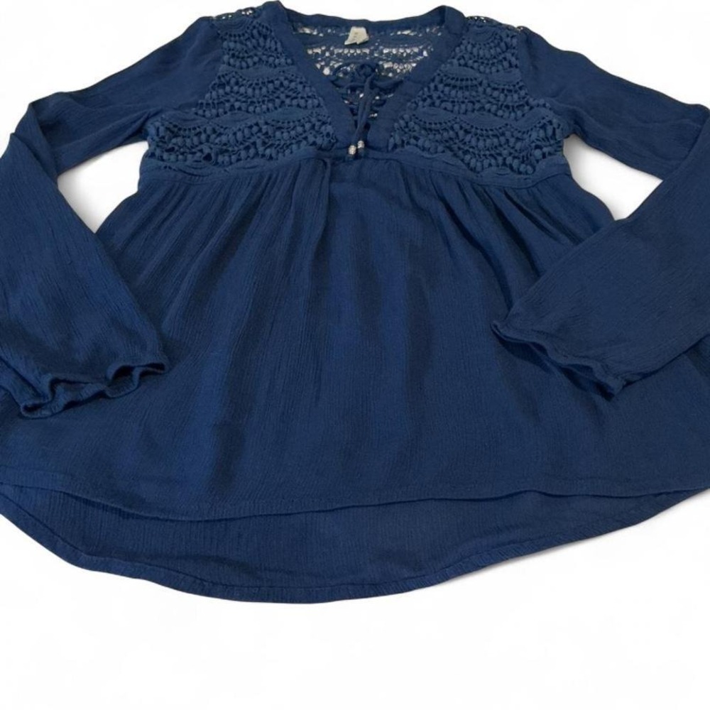 Roper Peasant Blouse Womens Small Navy Blue Excellent Crochet Lace Boho Top
